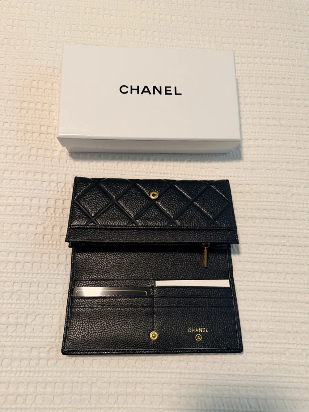 Black Quilted Leather Long Wallet with Gold CC
